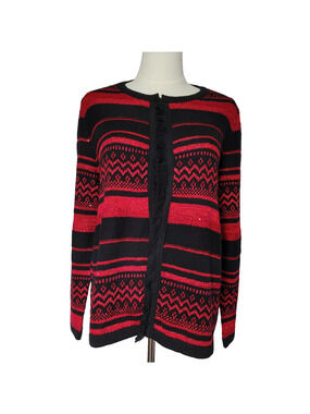 Chicos Cardigan Red Sequins Fringe Holidays Christmas Sz 1 (M) Office Festive